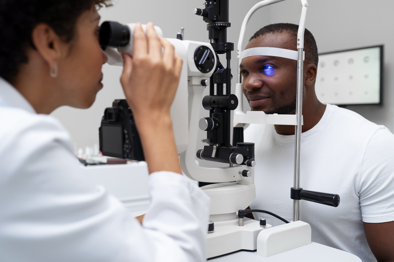 Optometrist performing a slit-lamp examination at Canon Eye Clinic